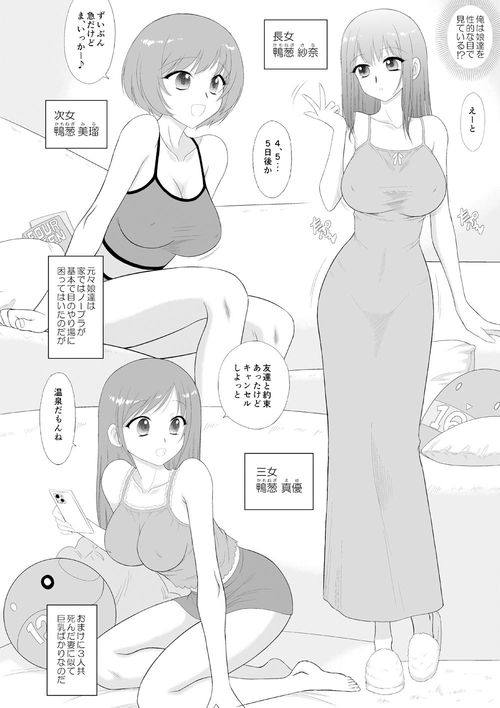 美人三姉妹と父親と叔父が混浴温泉に行きました。