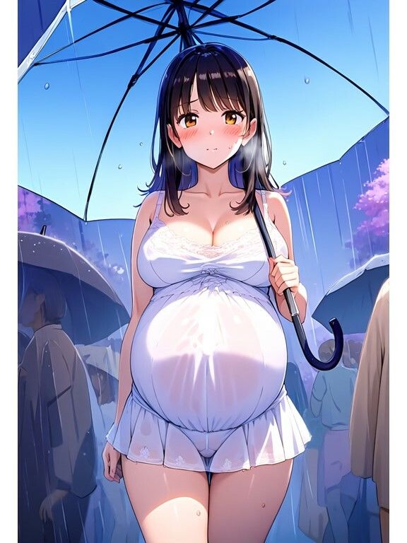 濡れ透け妊婦さん｜雨・シャワー・温泉でおっぱいとお尻が透けてる着衣エロ